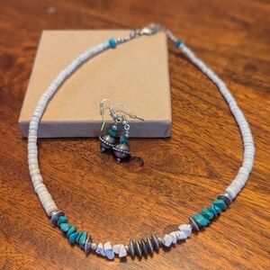 Turquoise and White Beaded Necklace and Earring Set (Vintage 90's)